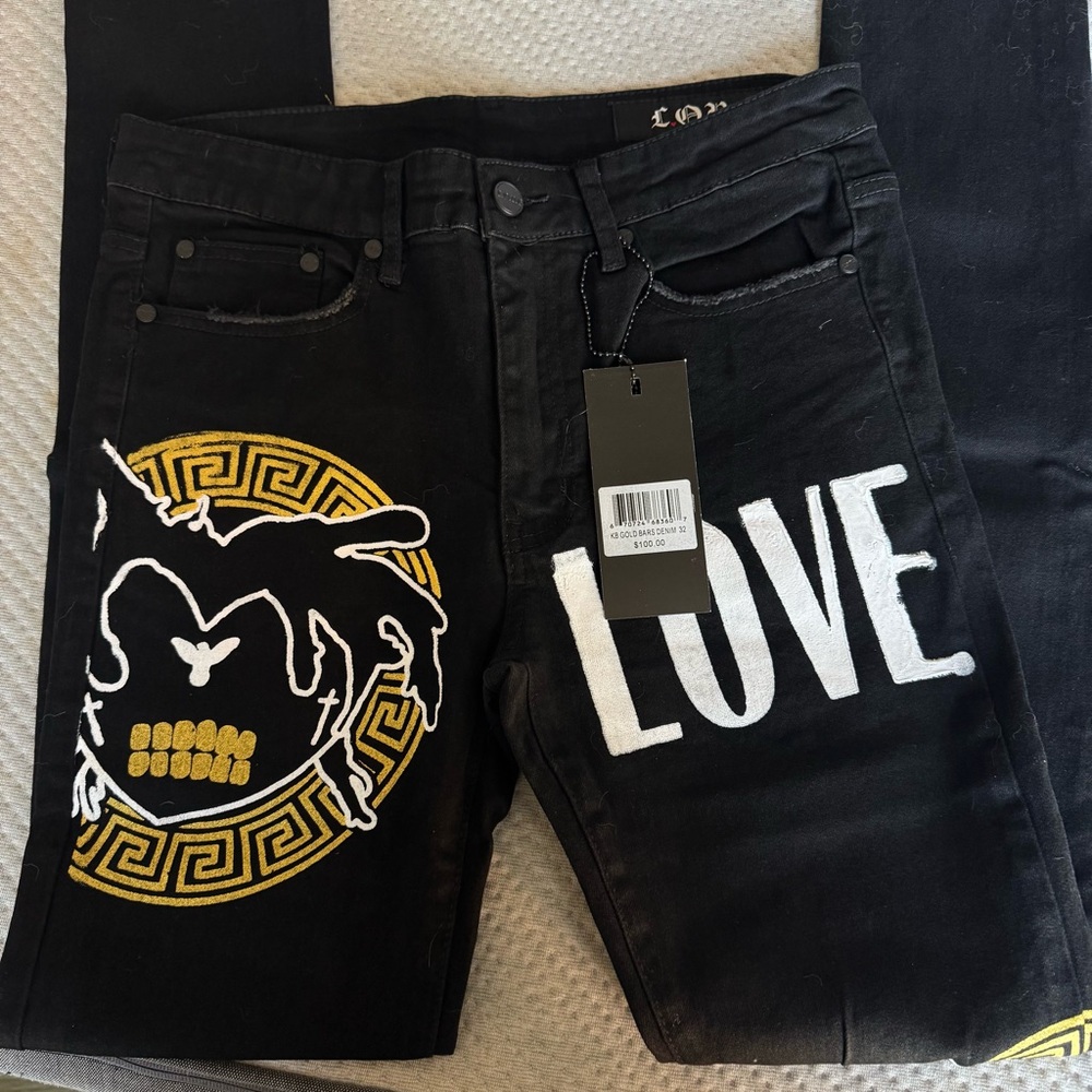 Kodak Black L.O.V.E Apparel Black Men’s Graphic Jeans with White & Gold